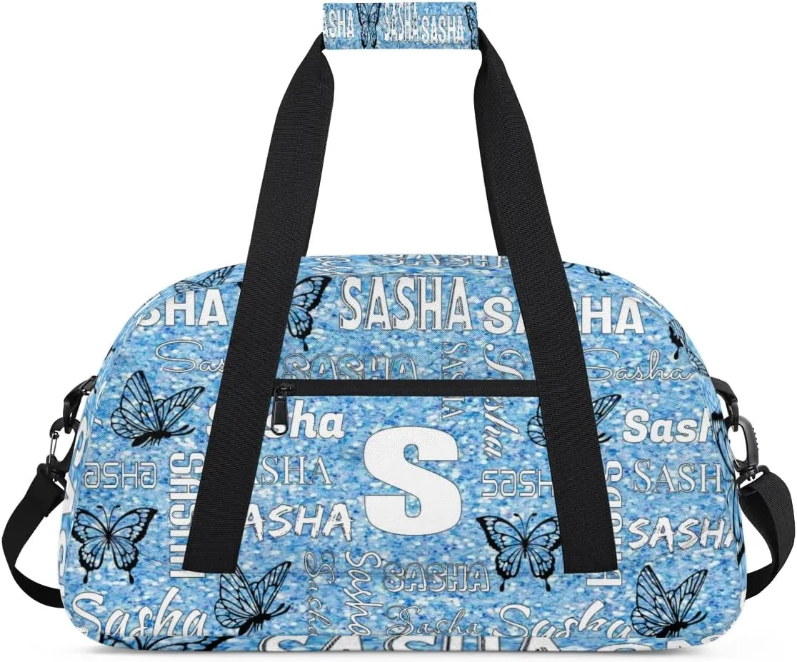 Personalized Initials Duffel Bags for Women, Custom Sport Duffel Bag with Name, Butterfly Print Overnight Carry-On Bag Weekender Bags, Light Blue Glitter Custom Gifts