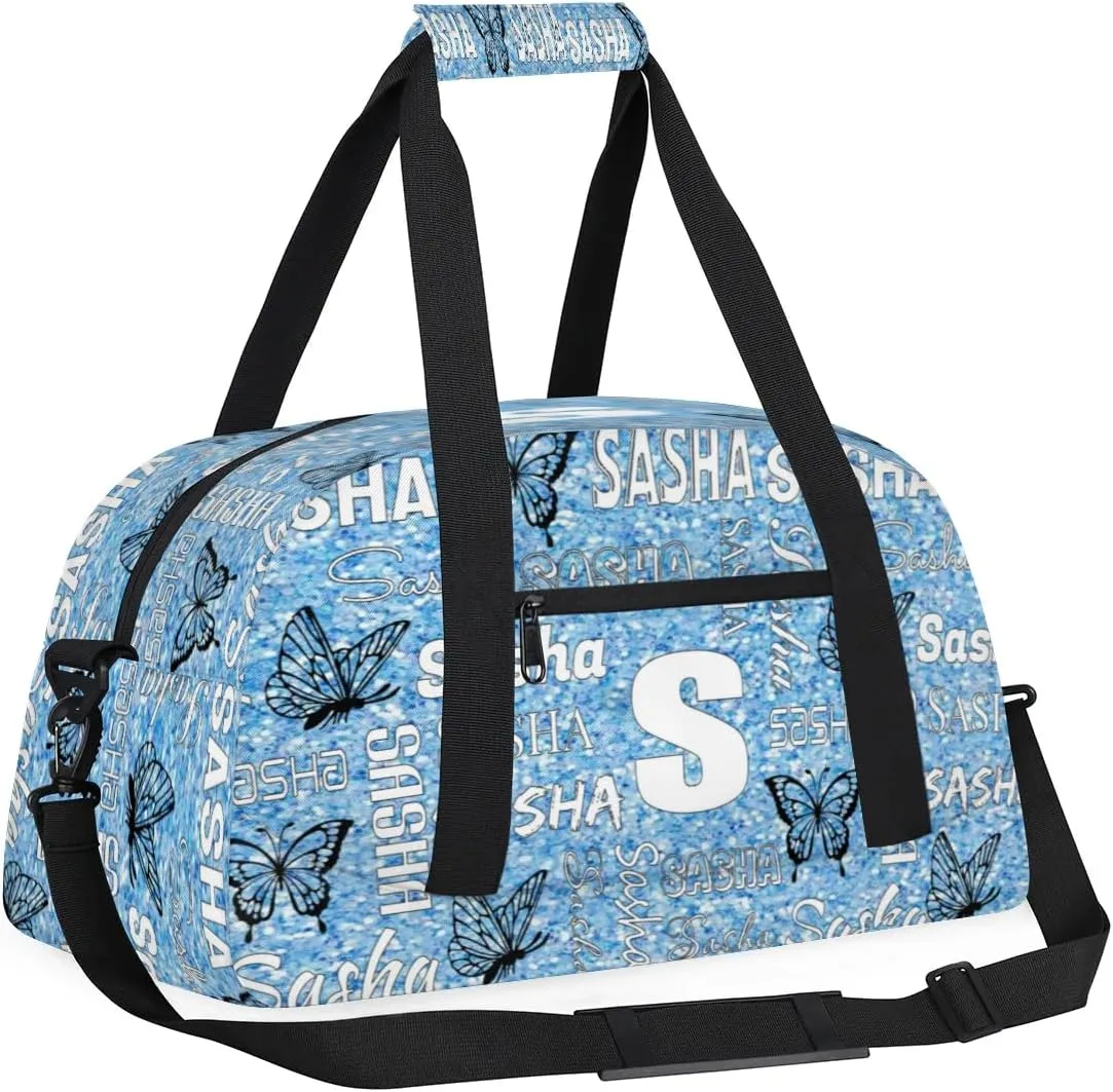 Personalized Initials Duffel Bags for Women, Custom Sport Duffel Bag with Name, Butterfly Print Overnight Carry-On Bag Weekender Bags, Light Blue Glitter Custom Gifts