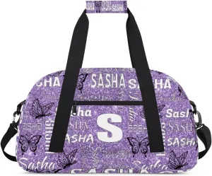 Personalized Initials Duffel Bags for Women, Custom Sport Duffel Bag with Name, Butterfly Print Overnight Carry-On Bag Weekender Bags, Light Purple Custom Gifts