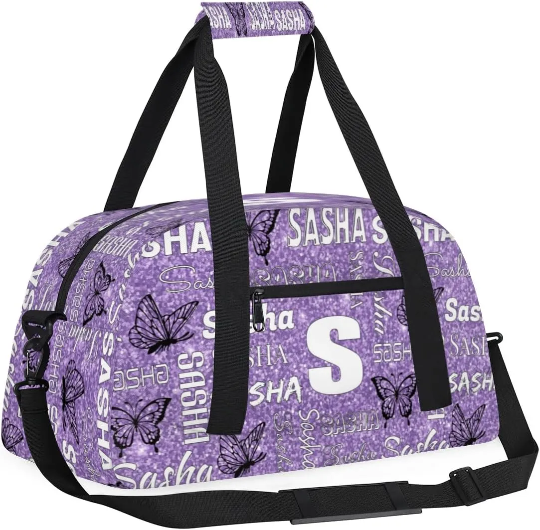 Personalized Initials Duffel Bags for Women, Custom Sport Duffel Bag with Name, Butterfly Print Overnight Carry-On Bag Weekender Bags, Light Purple Custom Gifts