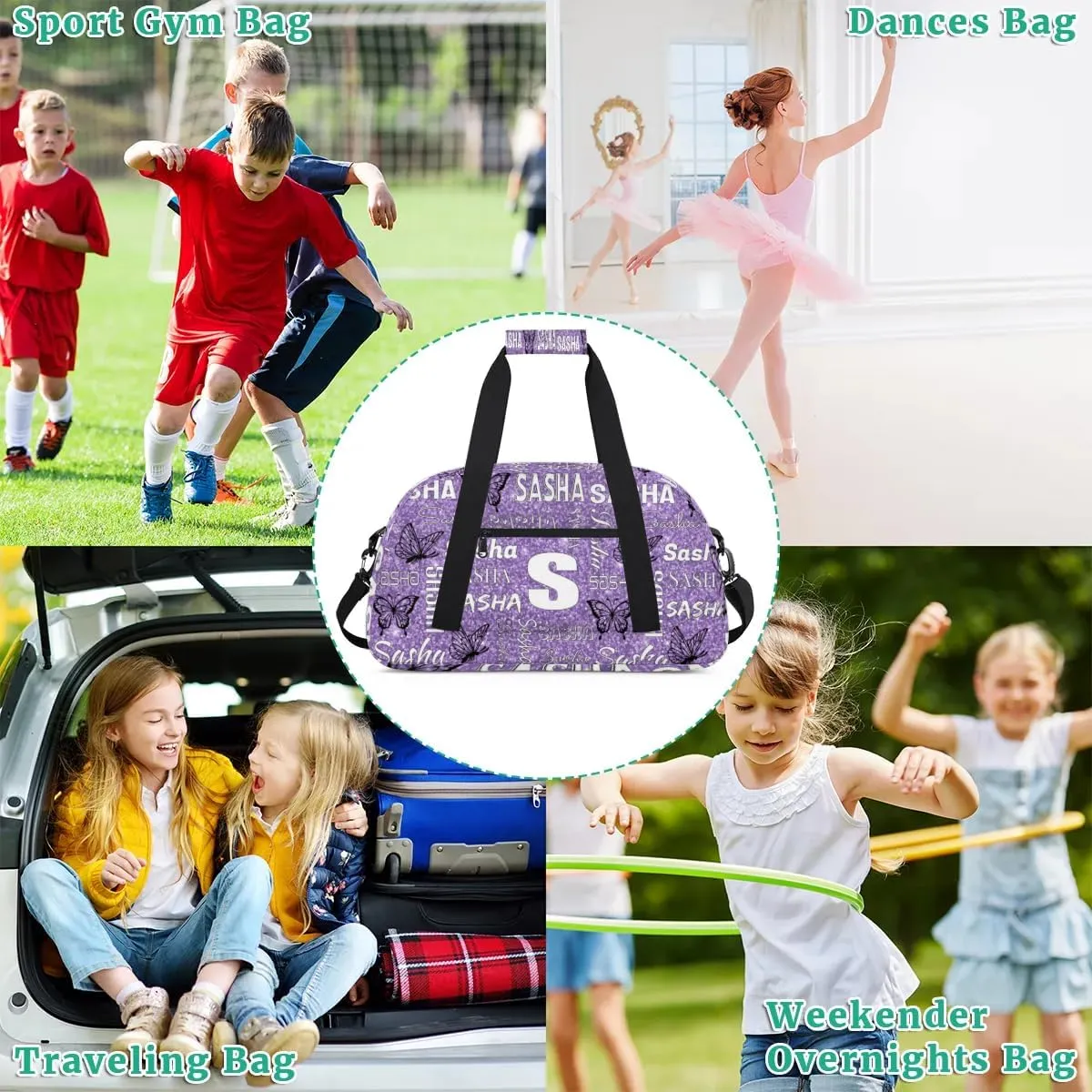 Personalized Initials Duffel Bags for Women, Custom Sport Duffel Bag with Name, Butterfly Print Overnight Carry-On Bag Weekender Bags, Light Purple Custom Gifts