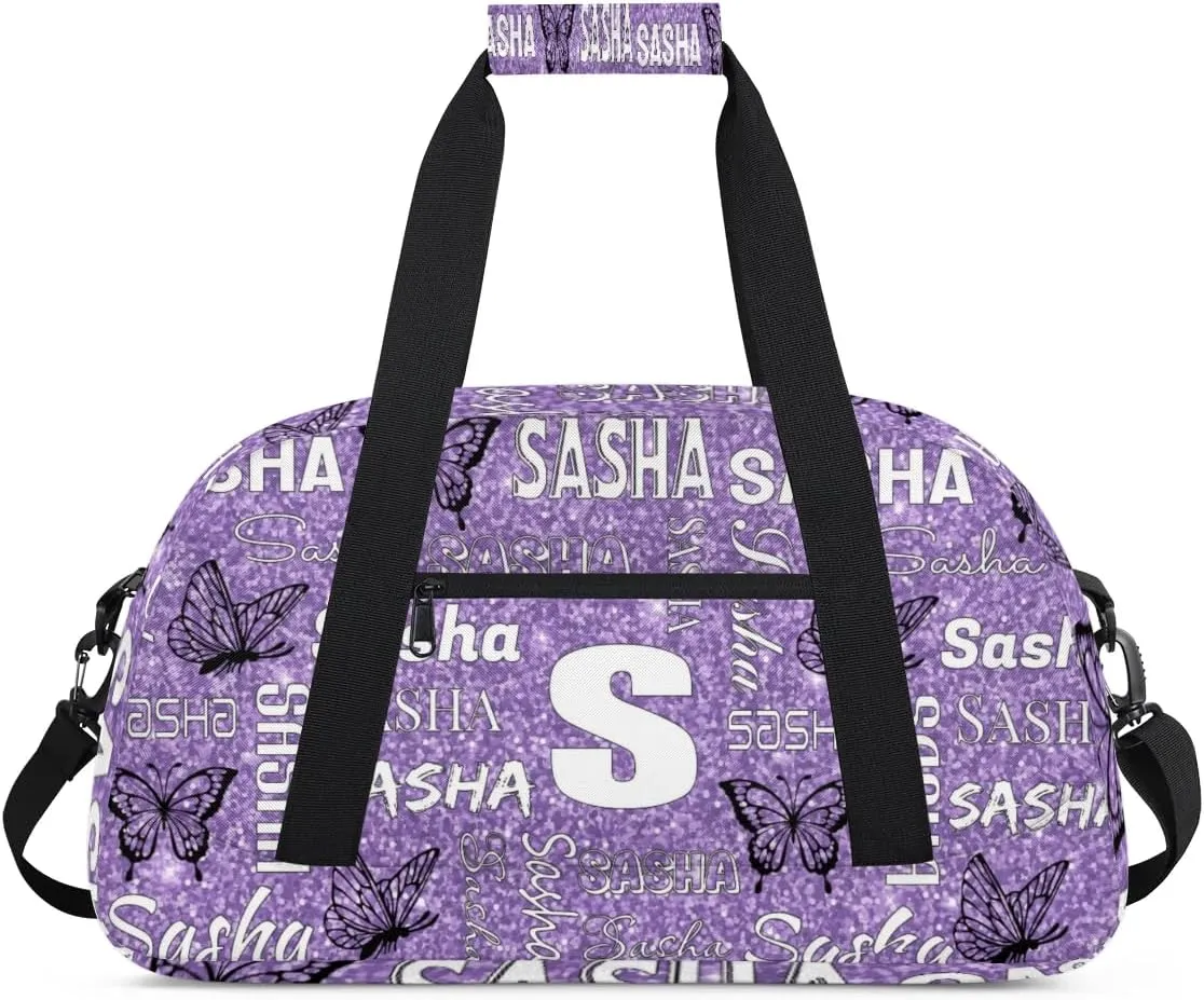 Personalized Initials Duffel Bags for Women, Custom Sport Duffel Bag with Name, Butterfly Print Overnight Carry-On Bag Weekender Bags, Light Purple Custom Gifts