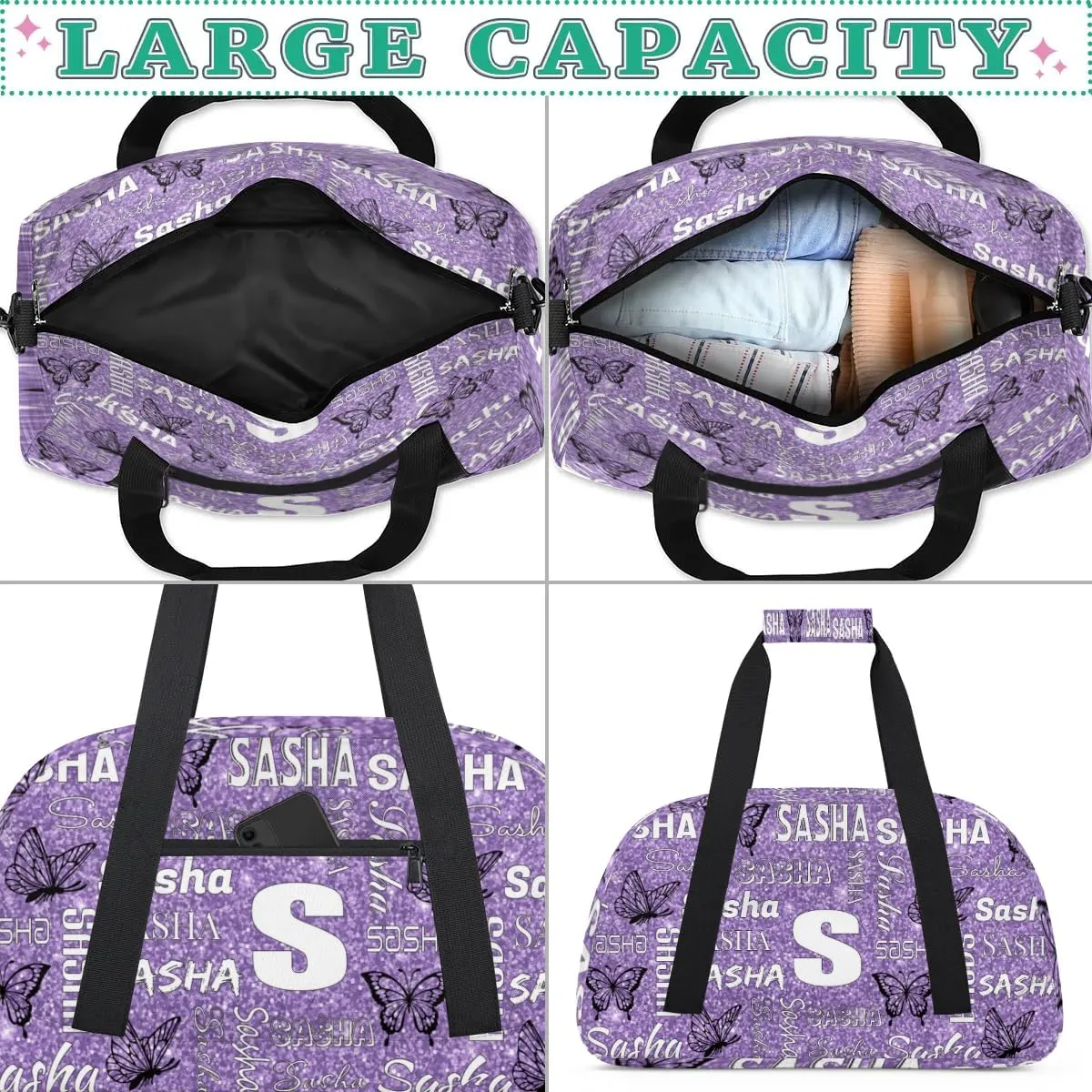 Personalized Initials Duffel Bags for Women, Custom Sport Duffel Bag with Name, Butterfly Print Overnight Carry-On Bag Weekender Bags, Light Purple Custom Gifts