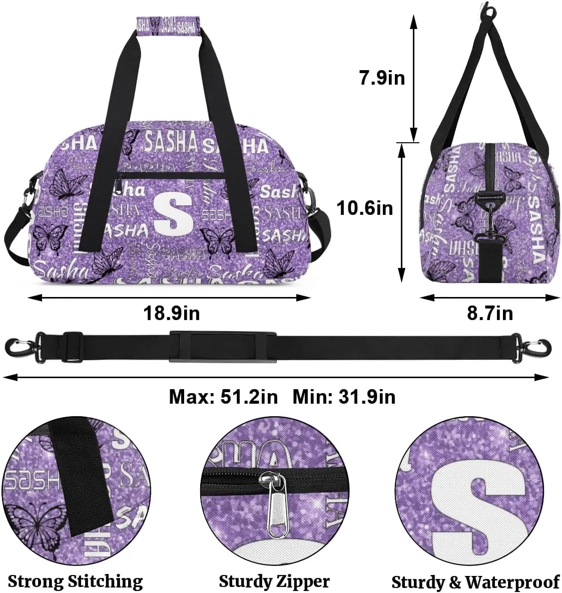 Personalized Initials Duffel Bags for Women, Custom Sport Duffel Bag with Name, Butterfly Print Overnight Carry-On Bag Weekender Bags, Light Purple Custom Gifts