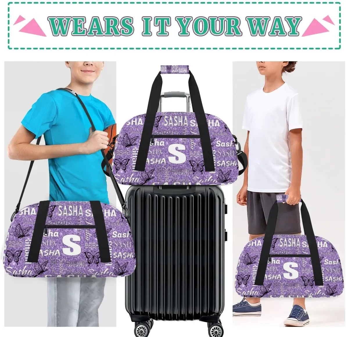 Personalized Initials Duffel Bags for Women, Custom Sport Duffel Bag with Name, Butterfly Print Overnight Carry-On Bag Weekender Bags, Light Purple Custom Gifts