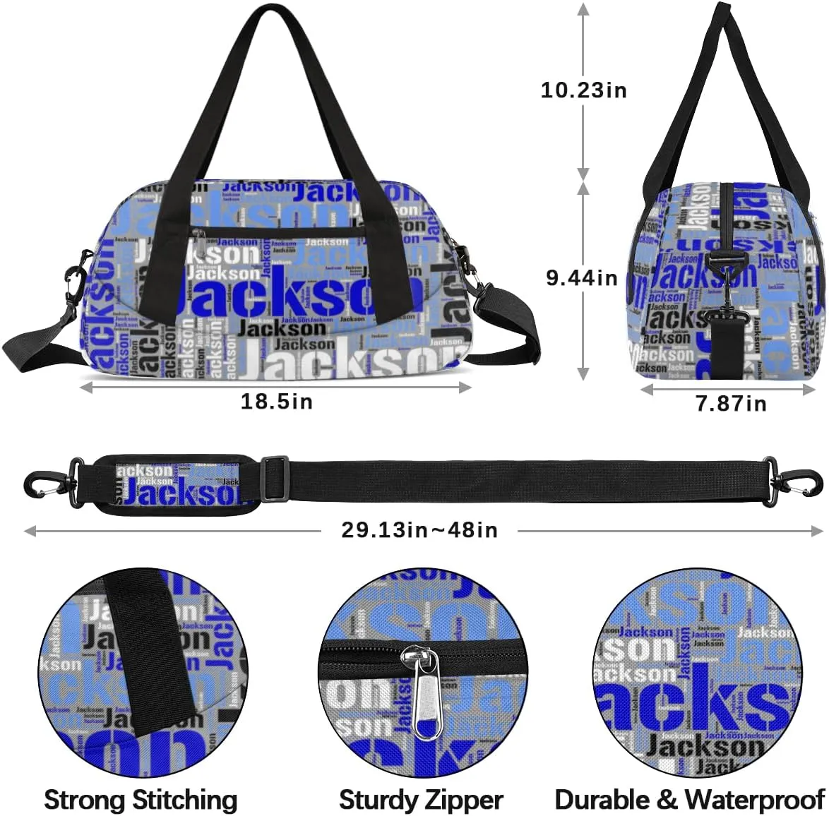 Personalized Kids Duffel Bag, Custom Sport Gym Bag, Dance Bag Weekender Carry On Bags Travel Duffel Bag for Boy & Girl Blue Black