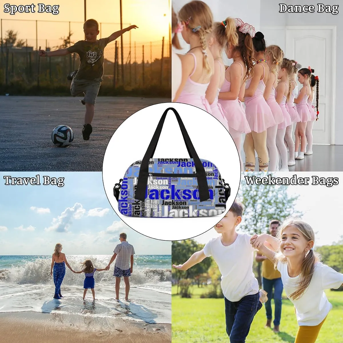 Personalized Kids Duffel Bag, Custom Sport Gym Bag, Dance Bag Weekender Carry On Bags Travel Duffel Bag for Boy & Girl Blue Black
