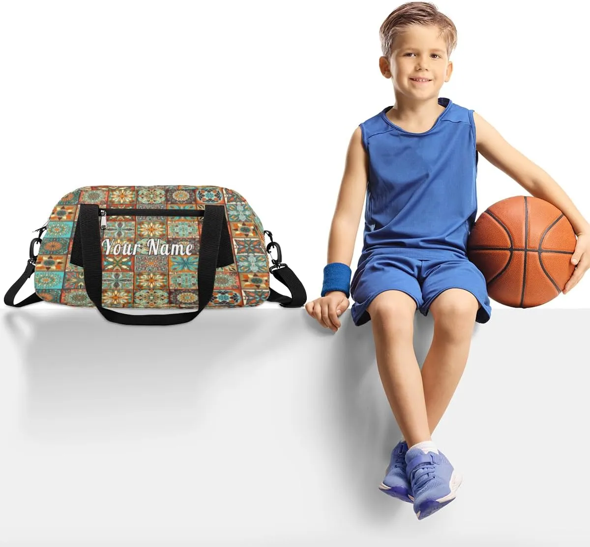 Personalized Kids Duffel Bag Mexican Talavera Flower,Custom Sport Gym Bag for Boys Girls,WWeekender Overnight Bags Travel Duffel Bag,Customized Kids Gift