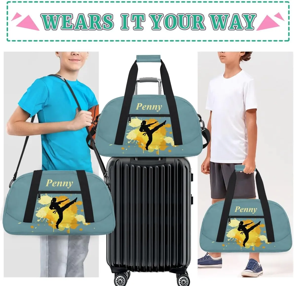 Personalized Kids Duffel Bag,Custom Sport Gym Bag for Boys Girls,Weekender Overnight Bags Travel Duffel Bag,Customized Kids Gift Martial Arts