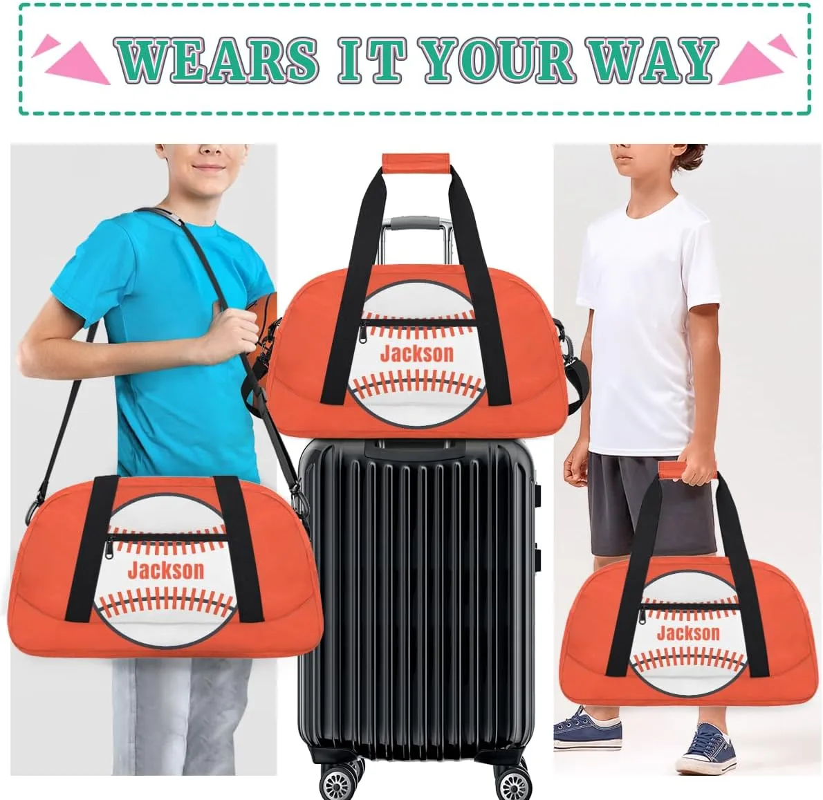 Personalized Kids Gym Bag Baseball Orange Print Custom Name Sport Duffel Bag for Teens Boys Large Practice Workout Bags Travel Duffel Bag