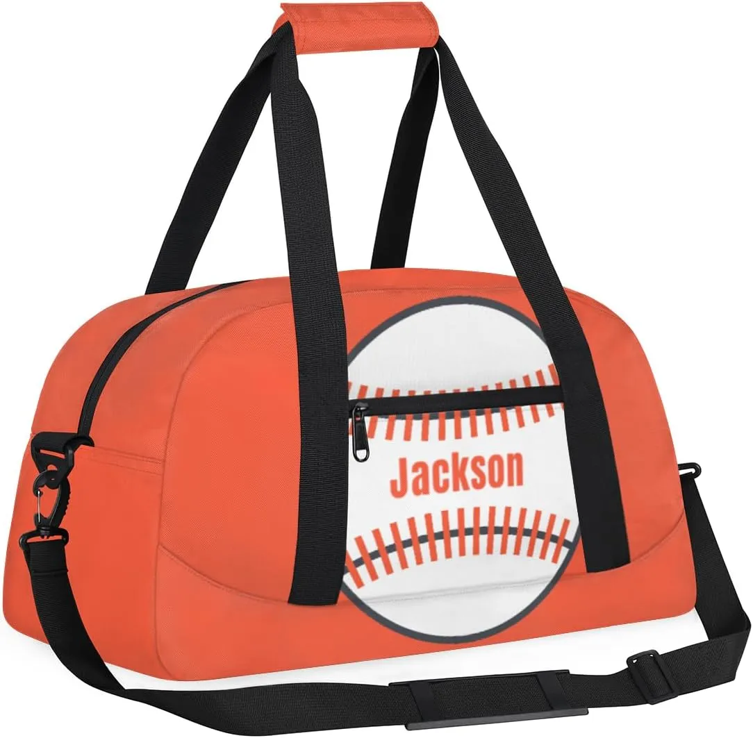 Personalized Kids Gym Bag Baseball Orange Print Custom Name Sport Duffel Bag for Teens Boys Large Practice Workout Bags Travel Duffel Bag