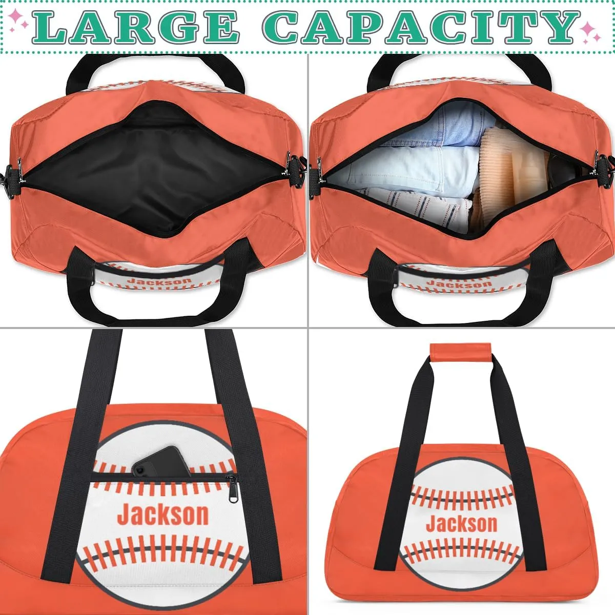 Personalized Kids Gym Bag Baseball Orange Print Custom Name Sport Duffel Bag for Teens Boys Large Practice Workout Bags Travel Duffel Bag