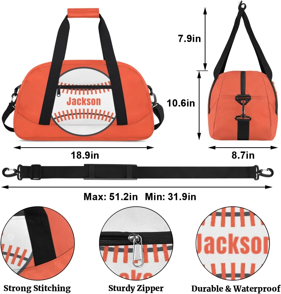 Personalized Kids Gym Bag Baseball Orange Print Custom Name Sport Duffel Bag for Teens Boys Large Practice Workout Bags Travel Duffel Bag