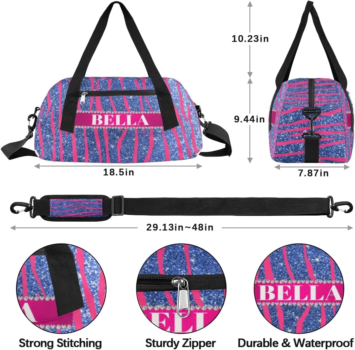 Personalized Kids Gym Bag, Custom Sport Duffel Bag, Dance Bag Weekender Bags Travel Duffel Bag for Boy & Girl Hot Pink Zebra Stripes