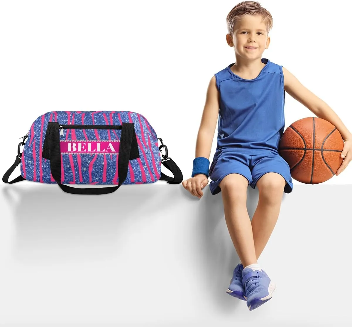Personalized Kids Gym Bag, Custom Sport Duffel Bag, Dance Bag Weekender Bags Travel Duffel Bag for Boy & Girl Hot Pink Zebra Stripes