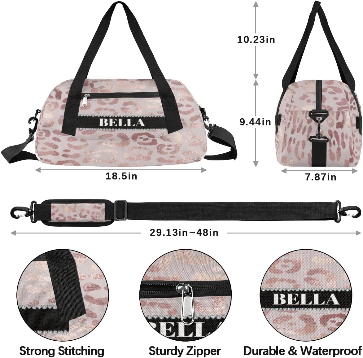 Personalized Kids Gym Bag, Custom Sport Duffel Bag, Dance Bag Weekender Bags Travel Duffel Bag for Boy & Girl Leopard Rose