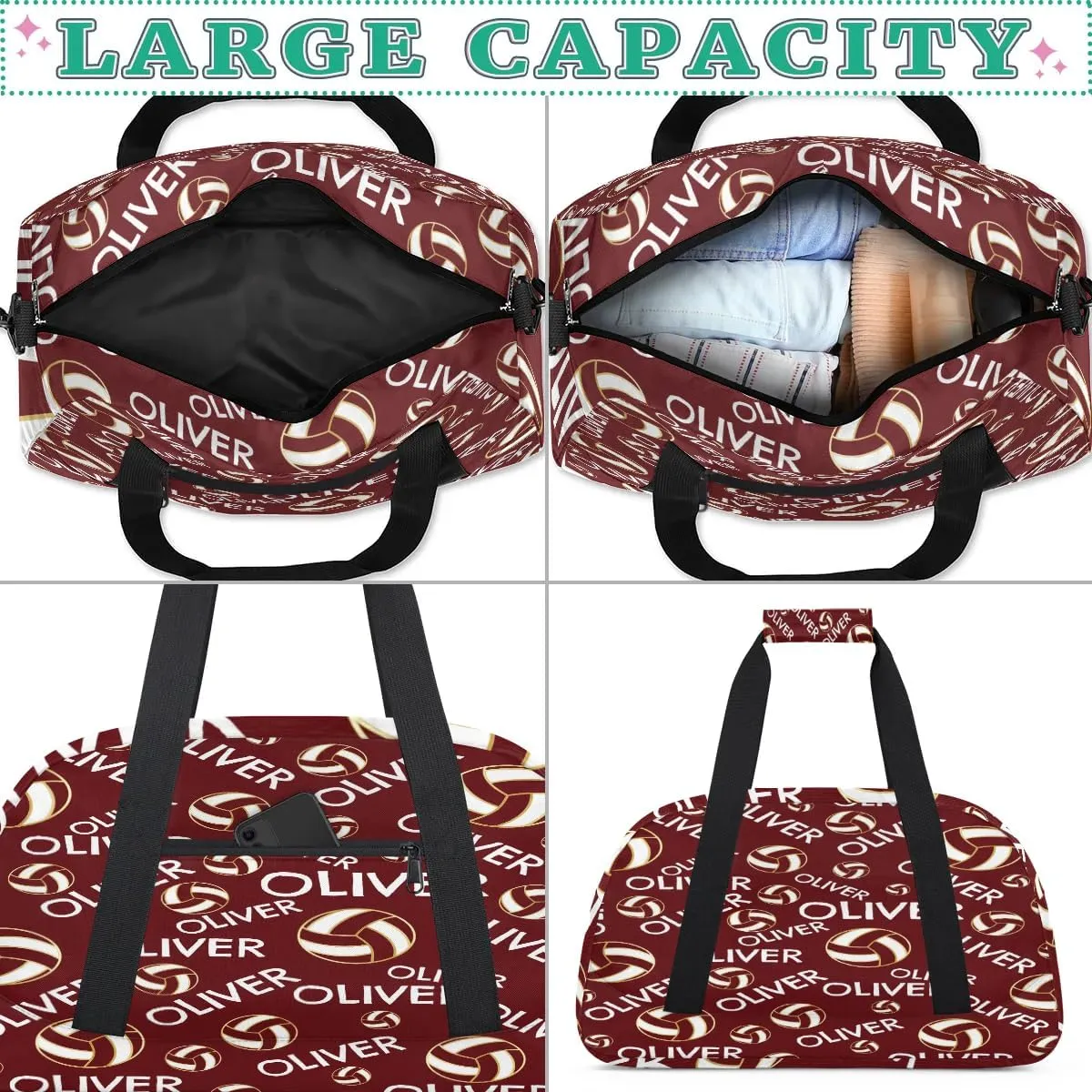 Personalized Kids Gym Bag, Custom Sport Duffel Bag, Dance Bag Weekender Bags Travel Duffel Bag for Boy & Girl Red Volleyball Text