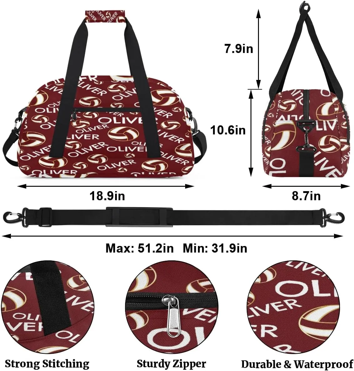 Personalized Kids Gym Bag, Custom Sport Duffel Bag, Dance Bag Weekender Bags Travel Duffel Bag for Boy & Girl Red Volleyball Text