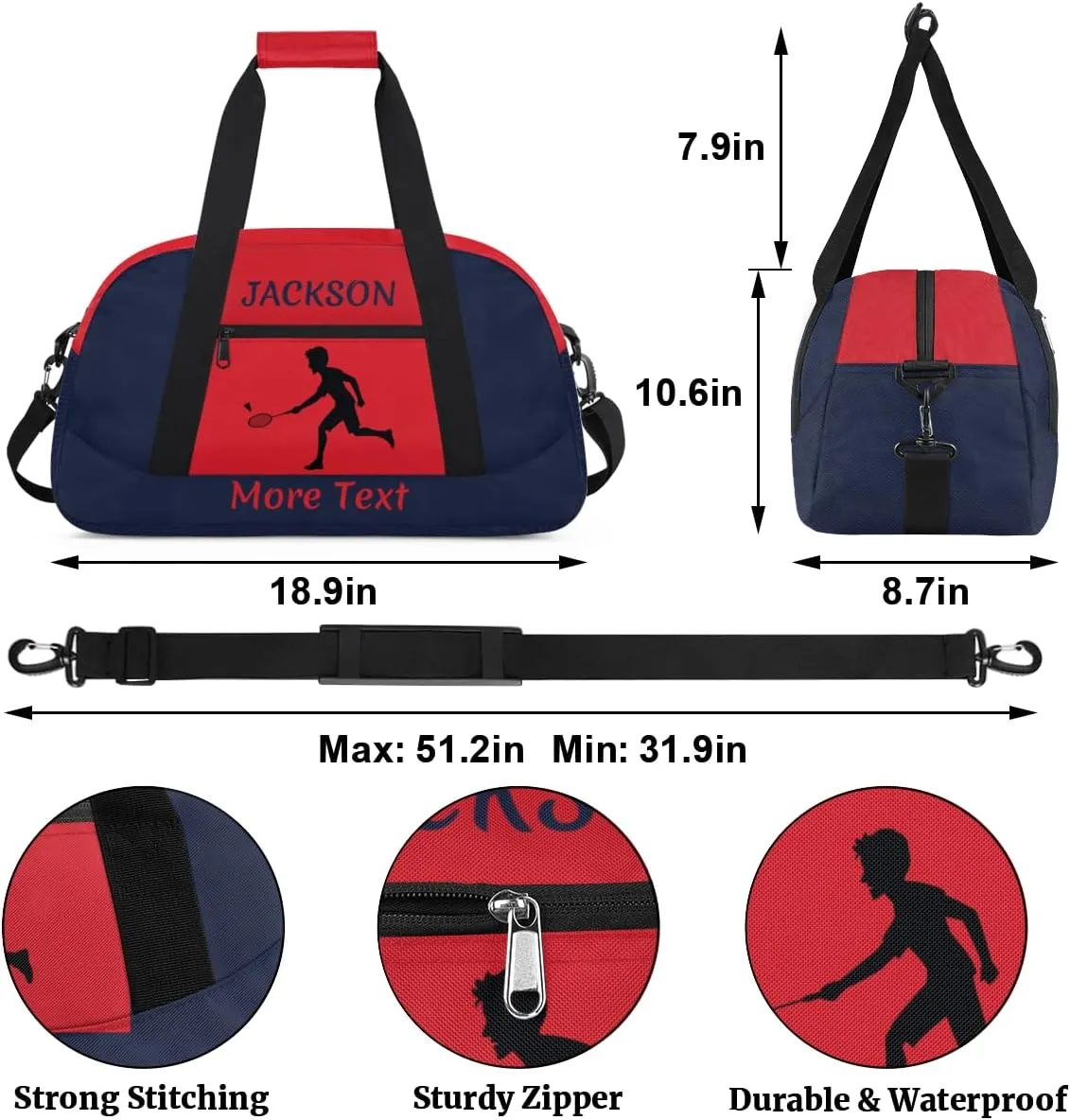 Personalized Kids Gym Bag for Boys Custom Name Sports Duffel Bag Weekender Overnight Travel Bags Navy Blue Badminton Gifts
