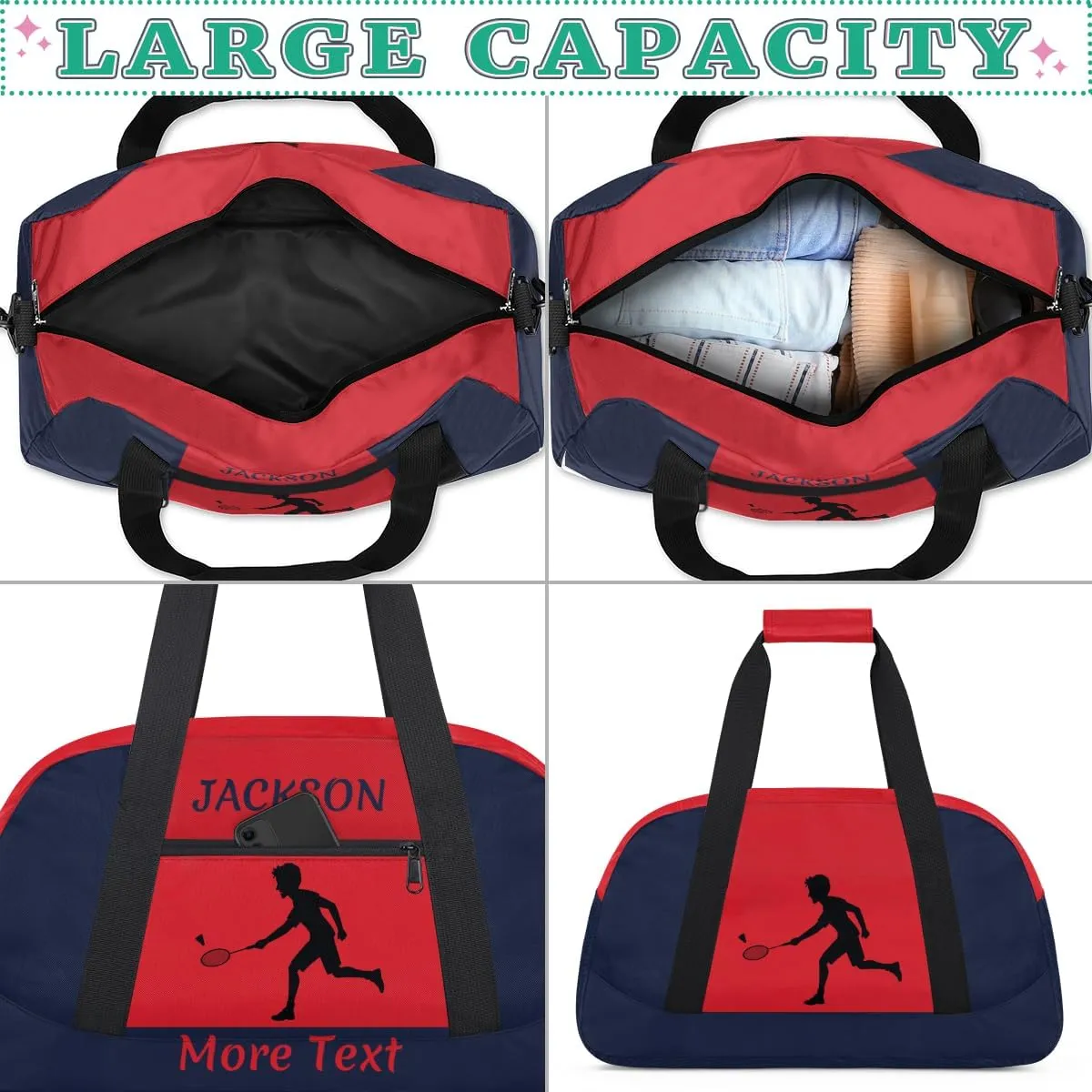 Personalized Kids Gym Bag for Boys Custom Name Sports Duffel Bag Weekender Overnight Travel Bags Navy Blue Badminton Gifts