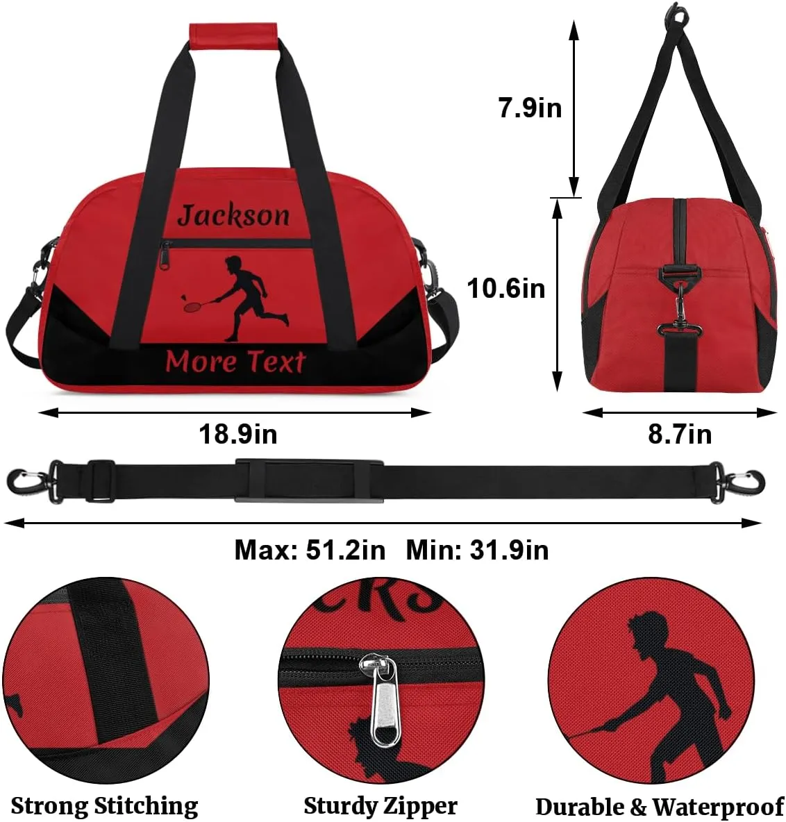 Personalized Kids Gym Bag for Boys Custom Name Sports Duffel Bag Weekender Overnight Travel Bags Red Badminton Gifts