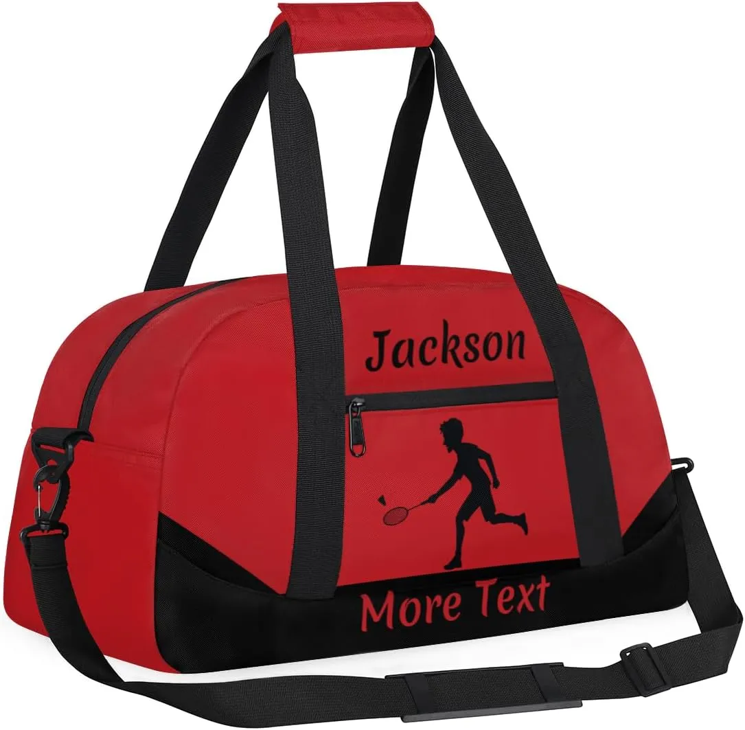Personalized Kids Gym Bag for Boys Custom Name Sports Duffel Bag Weekender Overnight Travel Bags Red Badminton Gifts