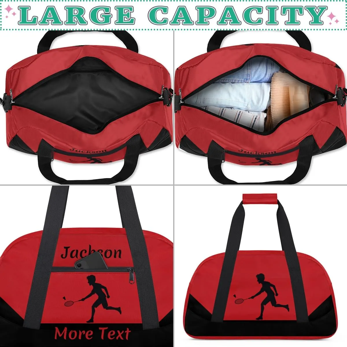 Personalized Kids Gym Bag for Boys Custom Name Sports Duffel Bag Weekender Overnight Travel Bags Red Badminton Gifts