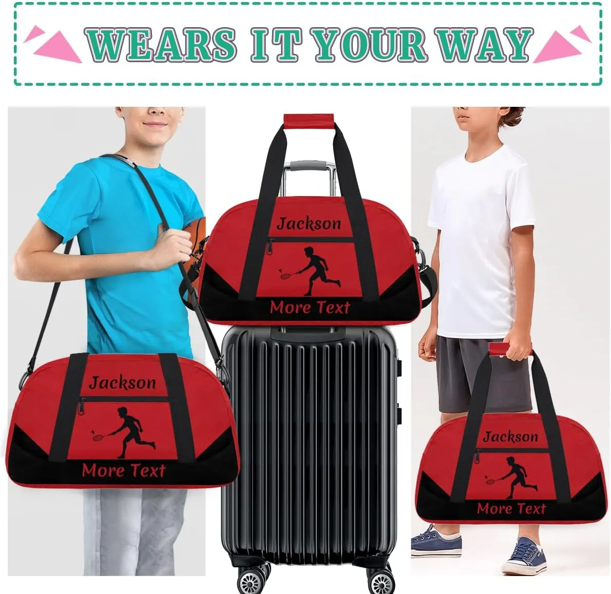 Personalized Kids Gym Bag for Boys Custom Name Sports Duffel Bag Weekender Overnight Travel Bags Red Badminton Gifts