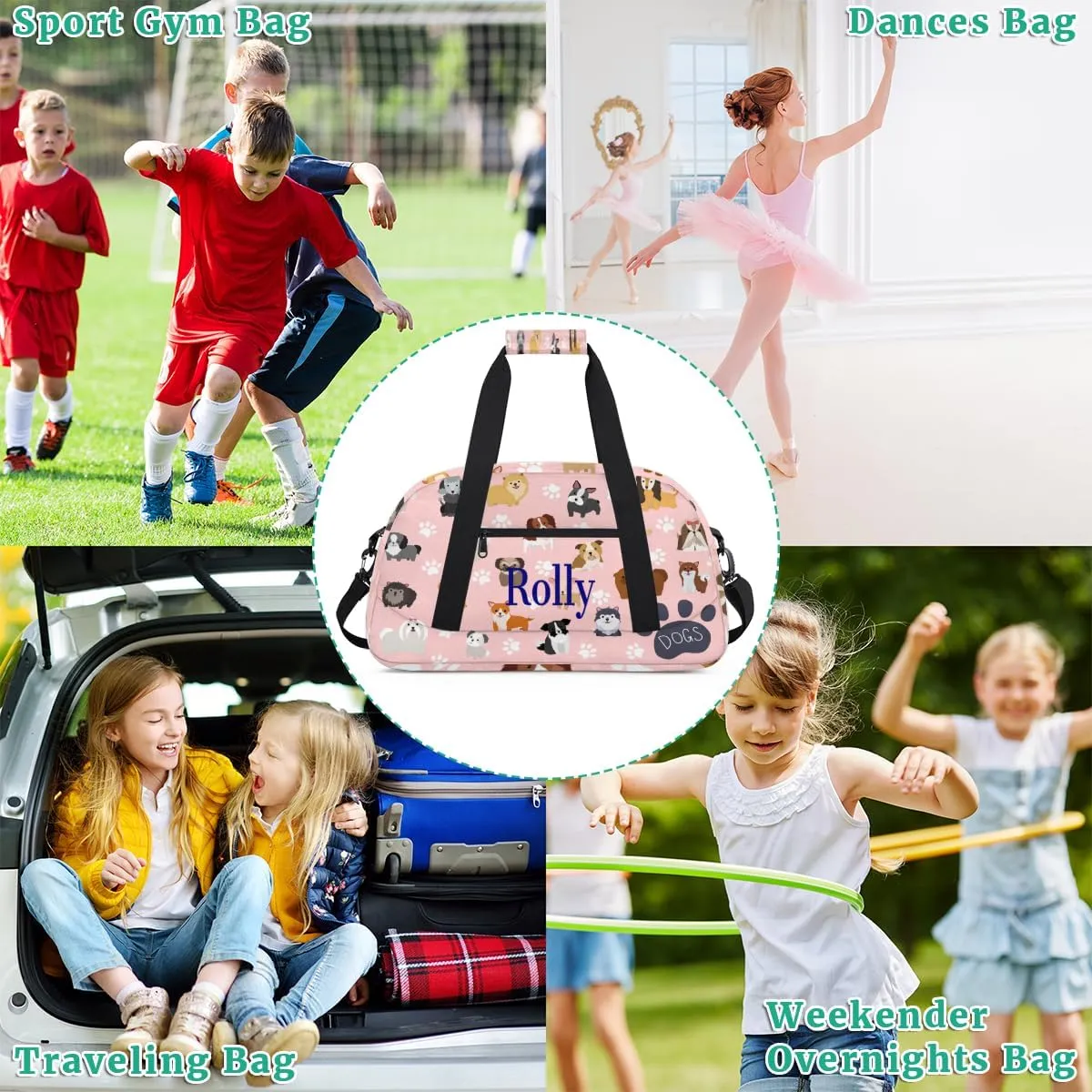 Personalized Kids Gym Bag for Boys, Personalized Custom Sports Gym Bag, Customized Kids Duffel Bags Dance Bag Weekender Overnight Bag Travel Duffel Bag, Size L, Cute Dog Puppy Set Paw Print