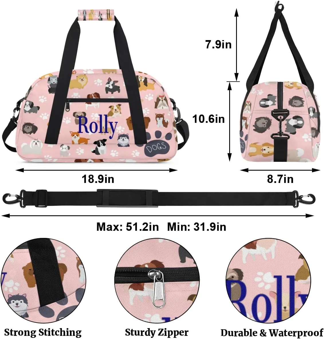 Personalized Kids Gym Bag for Boys, Personalized Custom Sports Gym Bag, Customized Kids Duffel Bags Dance Bag Weekender Overnight Bag Travel Duffel Bag, Size L, Cute Dog Puppy Set Paw Print