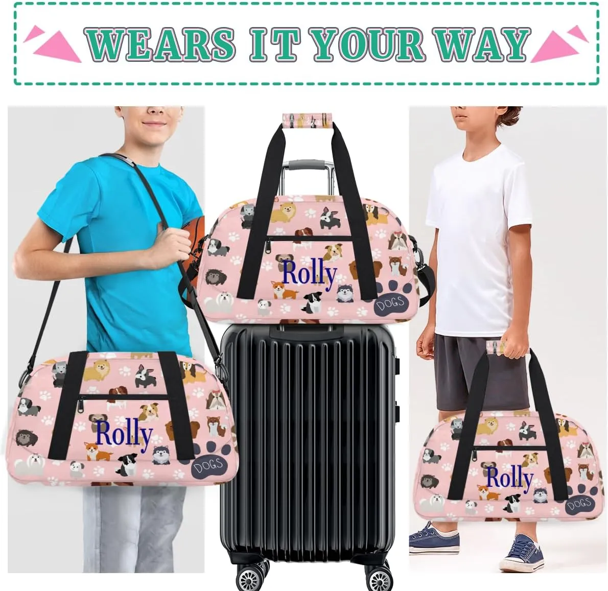 Personalized Kids Gym Bag for Boys, Personalized Custom Sports Gym Bag, Customized Kids Duffel Bags Dance Bag Weekender Overnight Bag Travel Duffel Bag, Size L, Cute Dog Puppy Set Paw Print