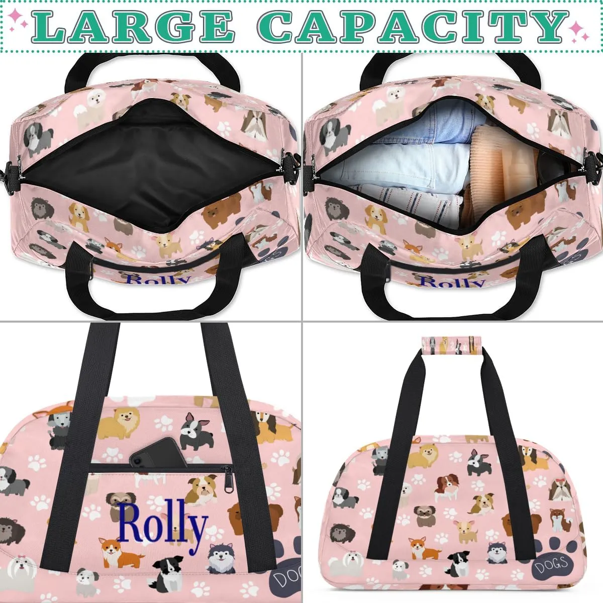 Personalized Kids Gym Bag for Boys, Personalized Custom Sports Gym Bag, Customized Kids Duffel Bags Dance Bag Weekender Overnight Bag Travel Duffel Bag, Size L, Cute Dog Puppy Set Paw Print
