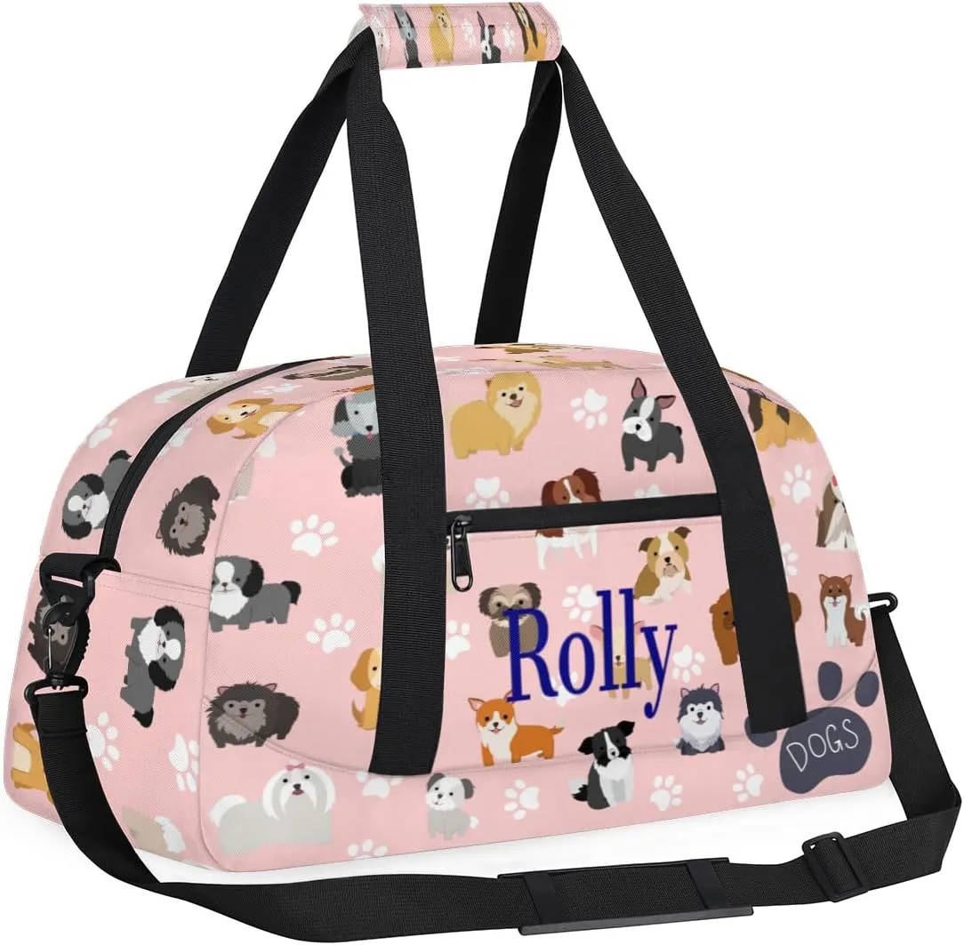 Personalized Kids Gym Bag for Boys, Personalized Custom Sports Gym Bag, Customized Kids Duffel Bags Dance Bag Weekender Overnight Bag Travel Duffel Bag, Size L, Cute Dog Puppy Set Paw Print