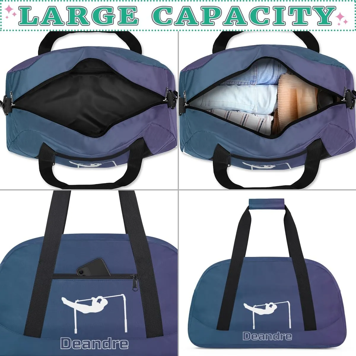 Personalized Kids Gymnastic Bag Dark Blue Purple Gymnastic Custom Name Sport Gymnast Duffel Bag for Girls Teens Large Dance Bags Travel Duffel Bag