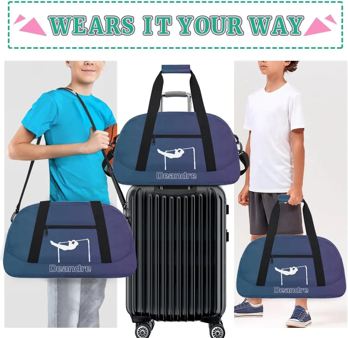 Personalized Kids Gymnastic Bag Dark Blue Purple Gymnastic Custom Name Sport Gymnast Duffel Bag for Girls Teens Large Dance Bags Travel Duffel Bag