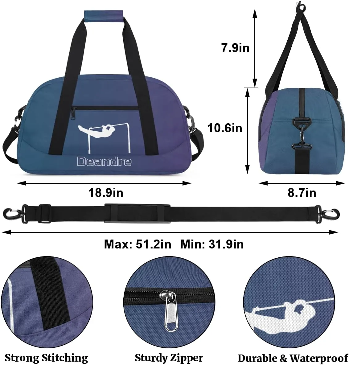 Personalized Kids Gymnastic Bag Dark Blue Purple Gymnastic Custom Name Sport Gymnast Duffel Bag for Girls Teens Large Dance Bags Travel Duffel Bag