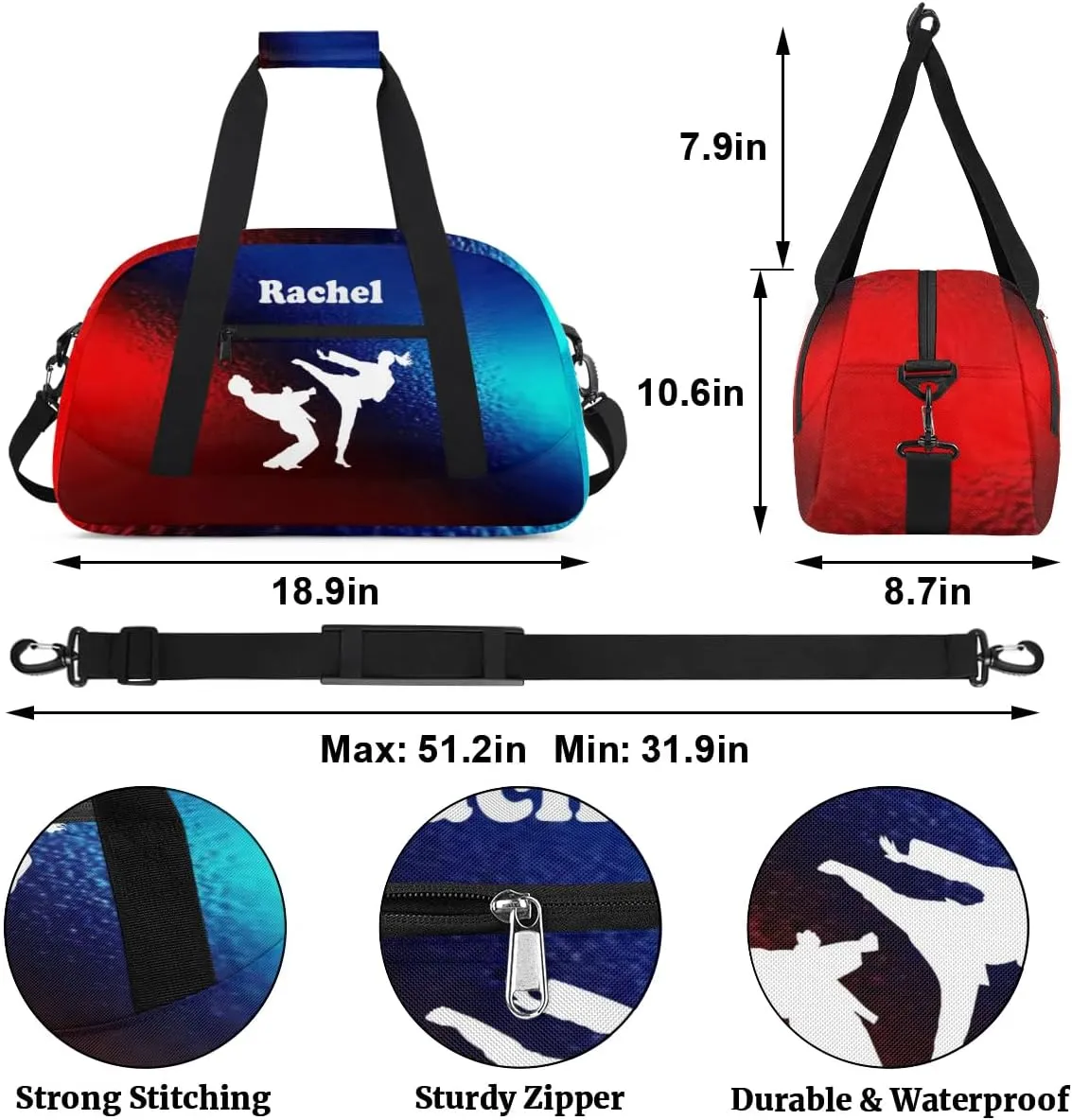 Personalized Martial Art Bag Duffel Bag for Girls, Custom Taekwondo Karate Bag Overnight Bags for Travel Weekender Practice White Battle