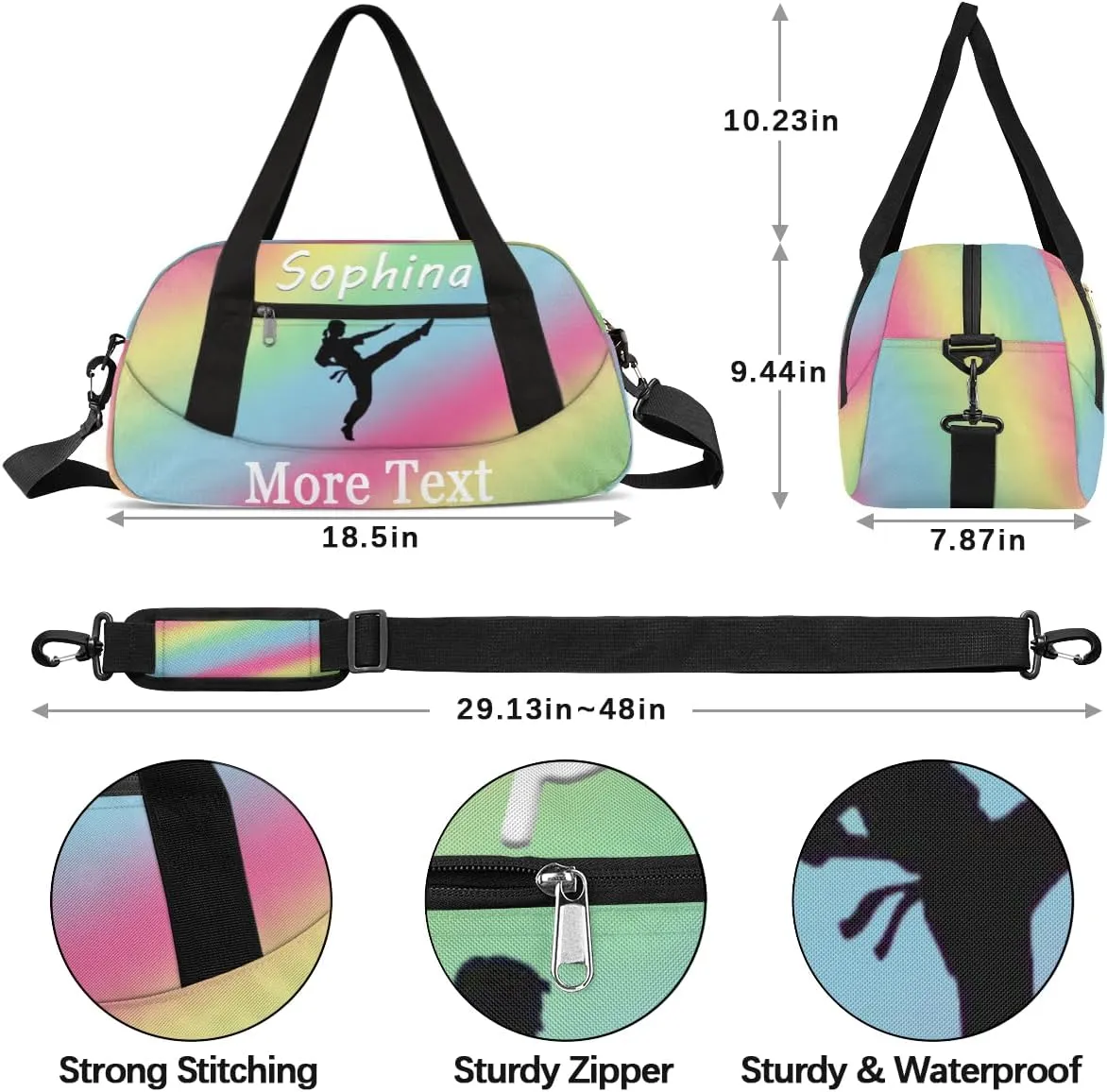 Personalized Martial Arts Bag with Name Custom Sport Duffle Bag for Kids Girls and Boys Overnight Bag Sleepover bag travel bag Weekender Bags Workout Bag for Gym Gymnastics Gift Rainbow Martial Arts