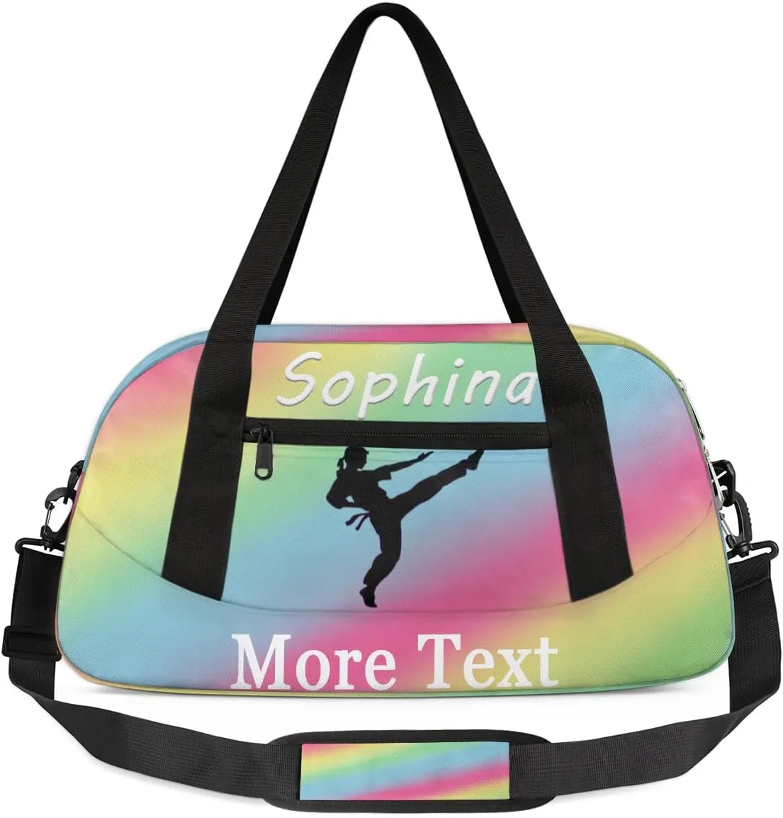 Personalized Martial Arts Bag with Name Custom Sport Duffle Bag for Kids Girls and Boys Overnight Bag Sleepover bag travel bag Weekender Bags Workout Bag for Gym Gymnastics Gift Rainbow Martial Arts