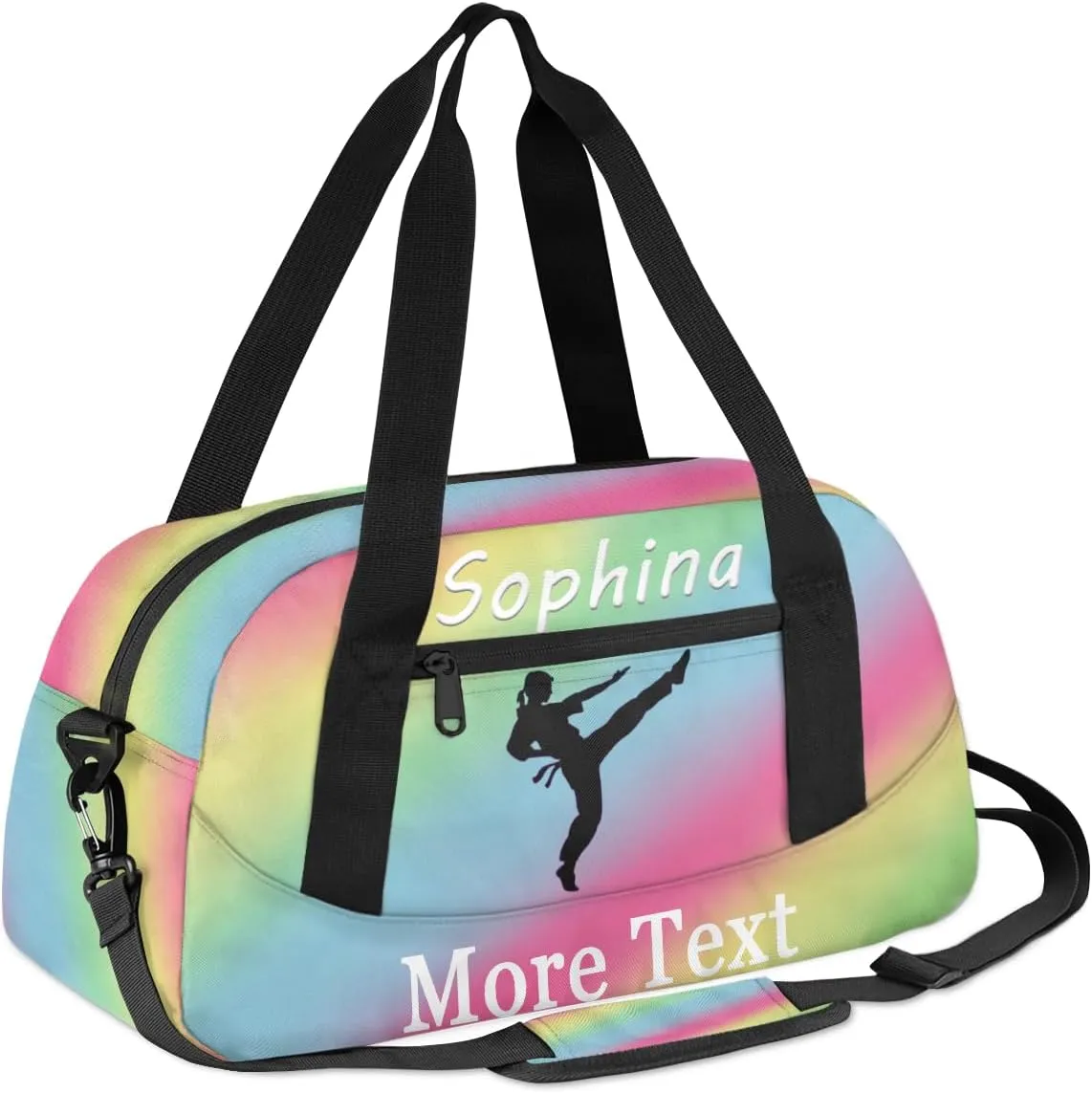 Personalized Martial Arts Bag with Name Custom Sport Duffle Bag for Kids Girls and Boys Overnight Bag Sleepover bag travel bag Weekender Bags Workout Bag for Gym Gymnastics Gift Rainbow Martial Arts