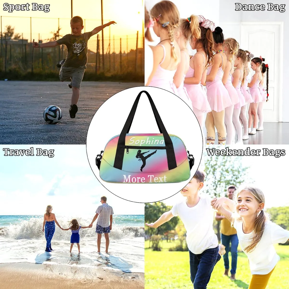 Personalized Martial Arts Bag with Name Custom Sport Duffle Bag for Kids Girls and Boys Overnight Bag Sleepover bag travel bag Weekender Bags Workout Bag for Gym Gymnastics Gift Rainbow Martial Arts