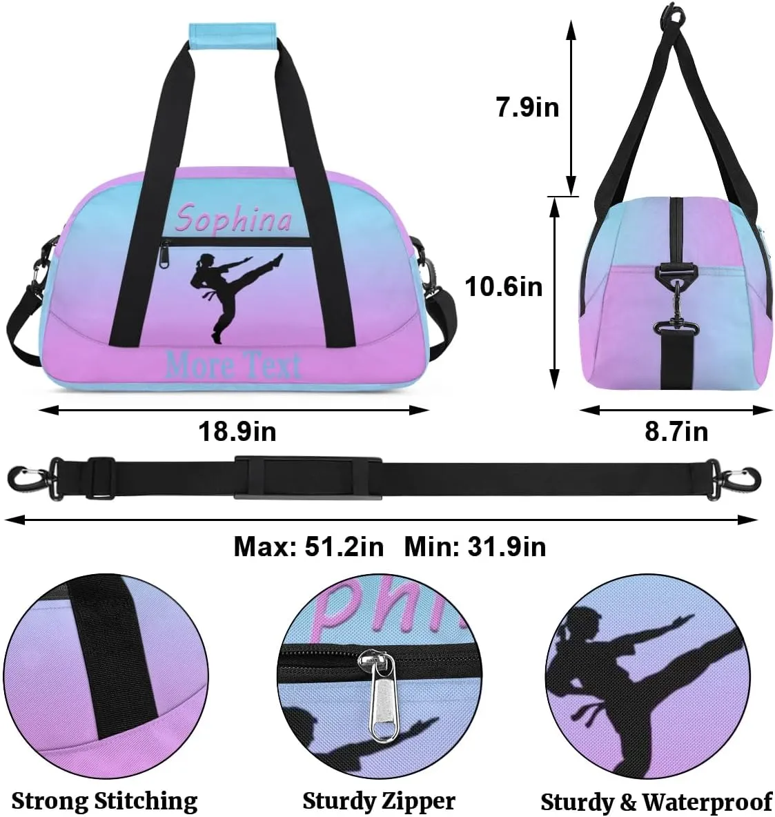 Personalized martial arts Bag with Name Custom Sport Duffle Bag Overnight Bag Sleepover bag travel bag Weekender Bags Workout Bag for Gym Gymnastics Gift purple blue martial arts