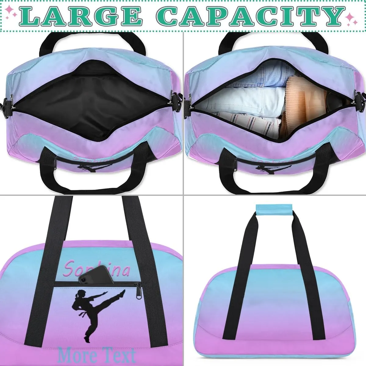 Personalized martial arts Bag with Name Custom Sport Duffle Bag Overnight Bag Sleepover bag travel bag Weekender Bags Workout Bag for Gym Gymnastics Gift purple blue martial arts