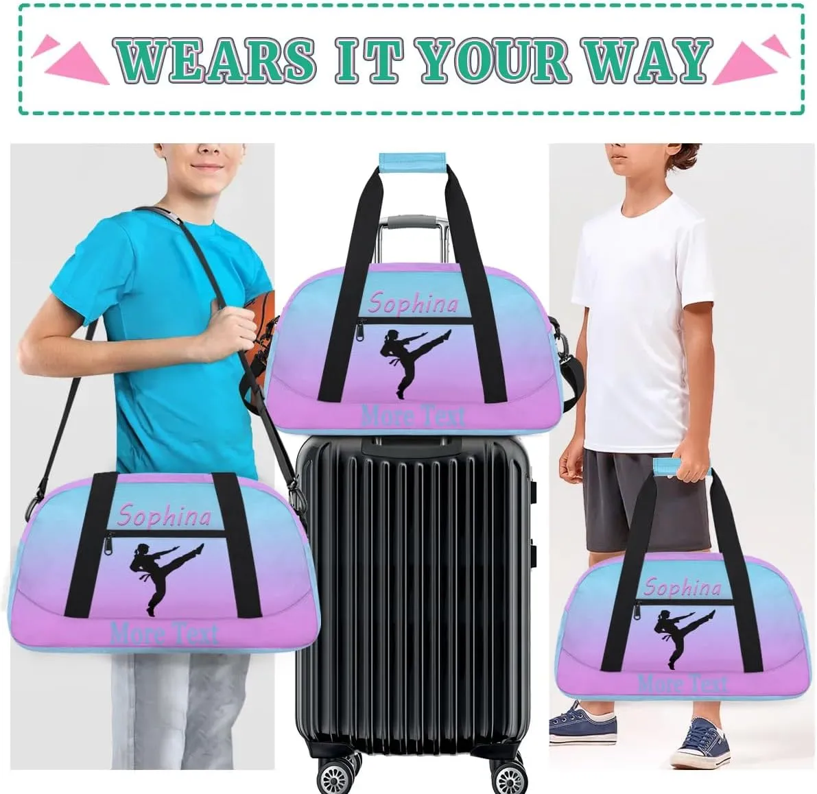 Personalized martial arts Bag with Name Custom Sport Duffle Bag Overnight Bag Sleepover bag travel bag Weekender Bags Workout Bag for Gym Gymnastics Gift purple blue martial arts