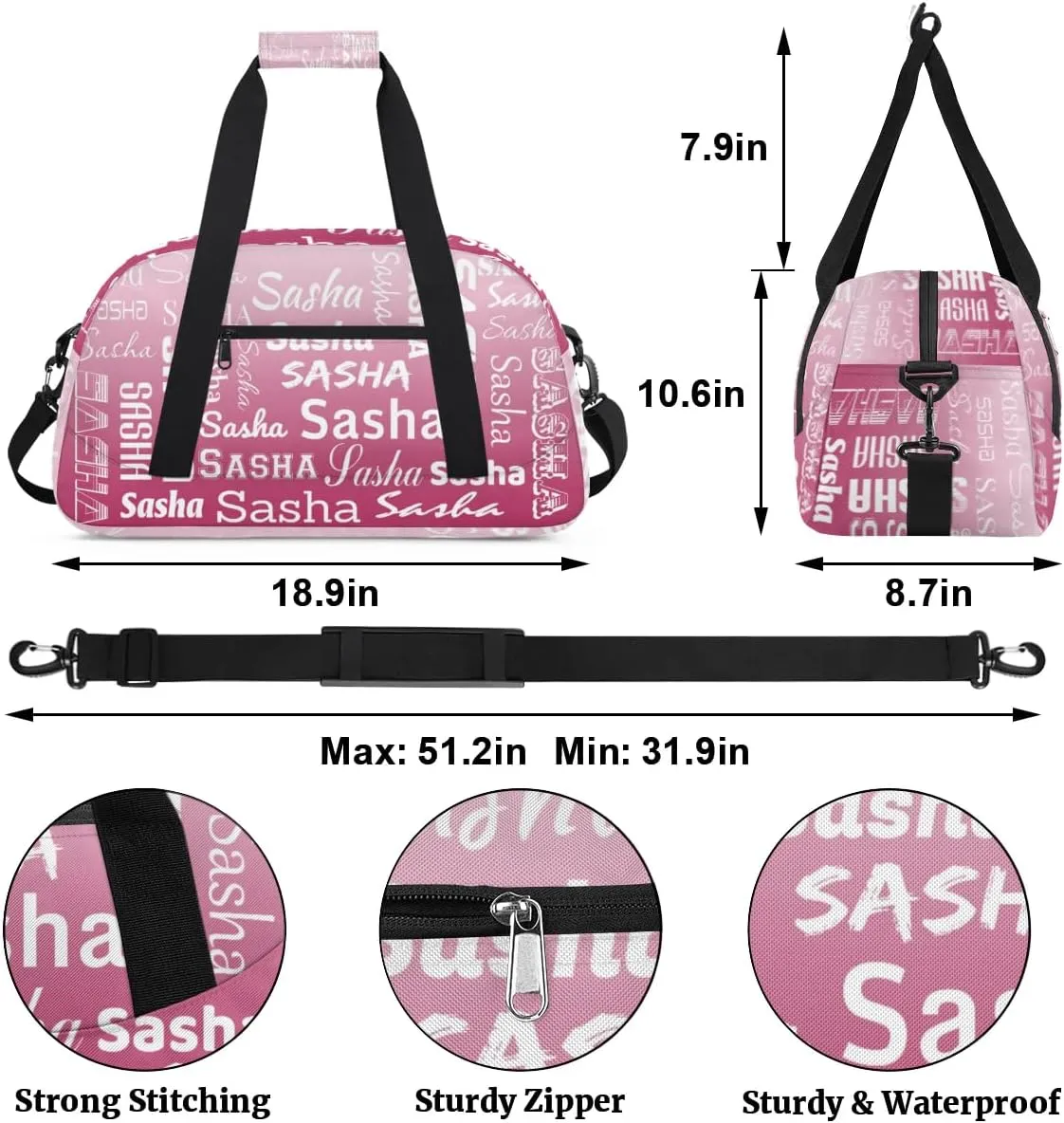 Personalized Name Dance Gymnastics Bags, Custom Duffel Bag Cheer Bags, Custom Sport Duffel Gym Bags Dark Pink Gradient Travel Weekender Bags