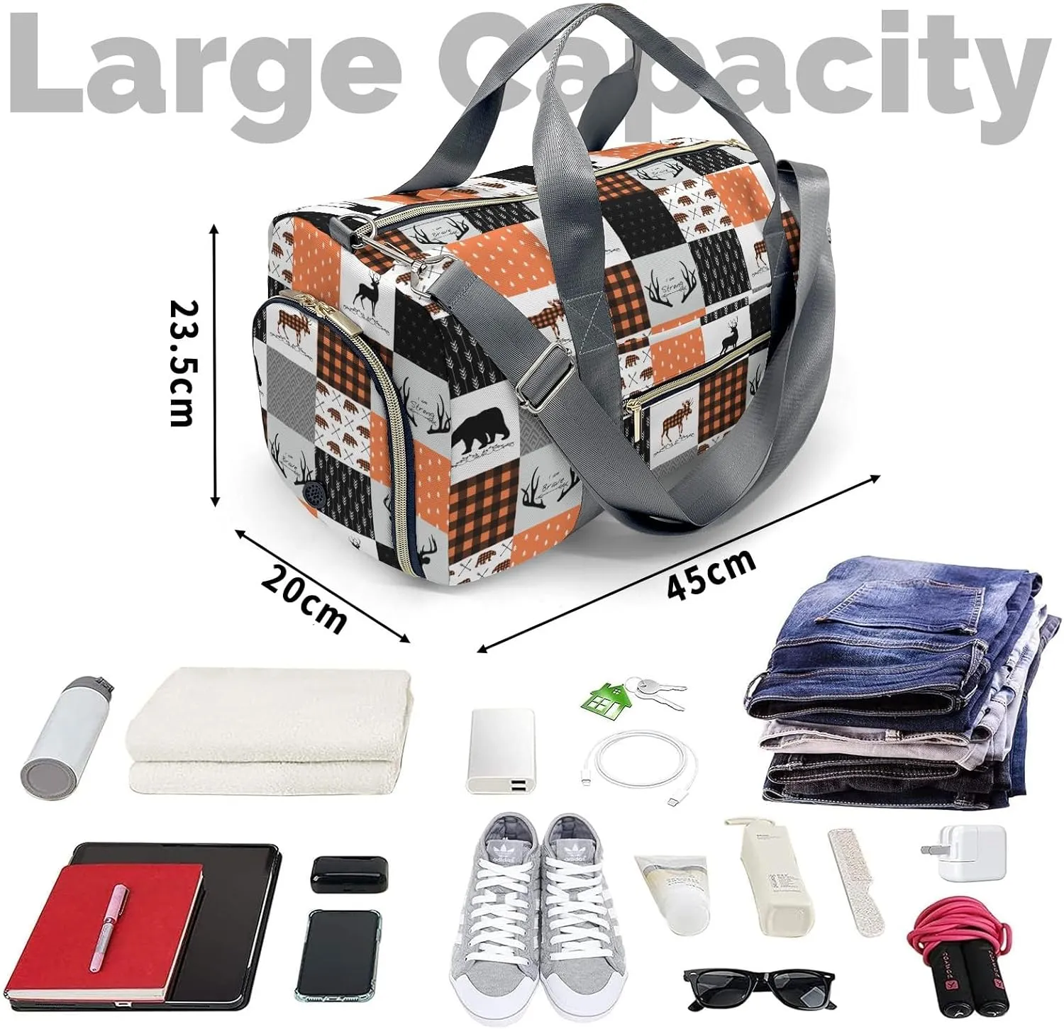 Personalized Name Duffel Bag Woodland Deer Bear Plaid Ultimate Travel Bags: Your Companion for Every Adventure