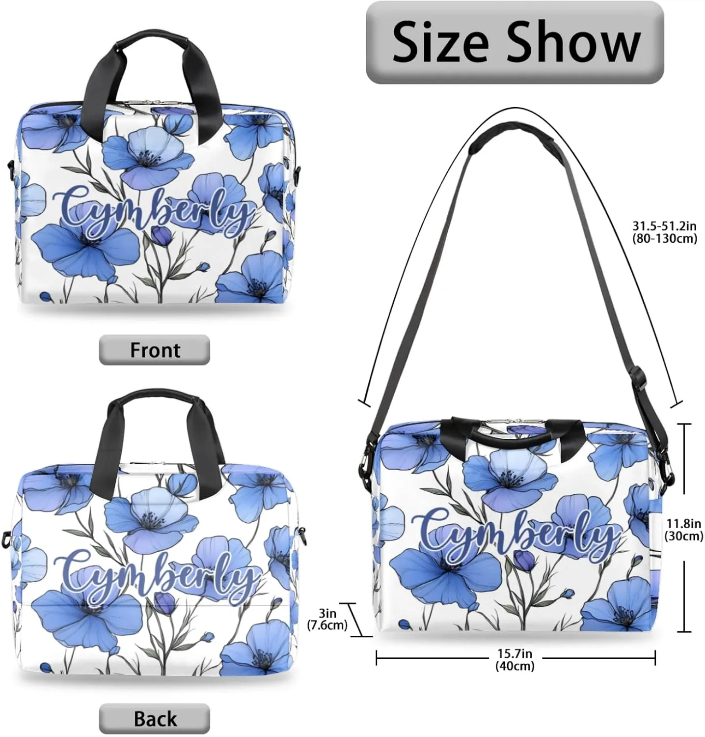 Personalized Name Flower Laptop Bag for Women, Custom Computer Bag Messenger Bags for Work Business, 16 Inch