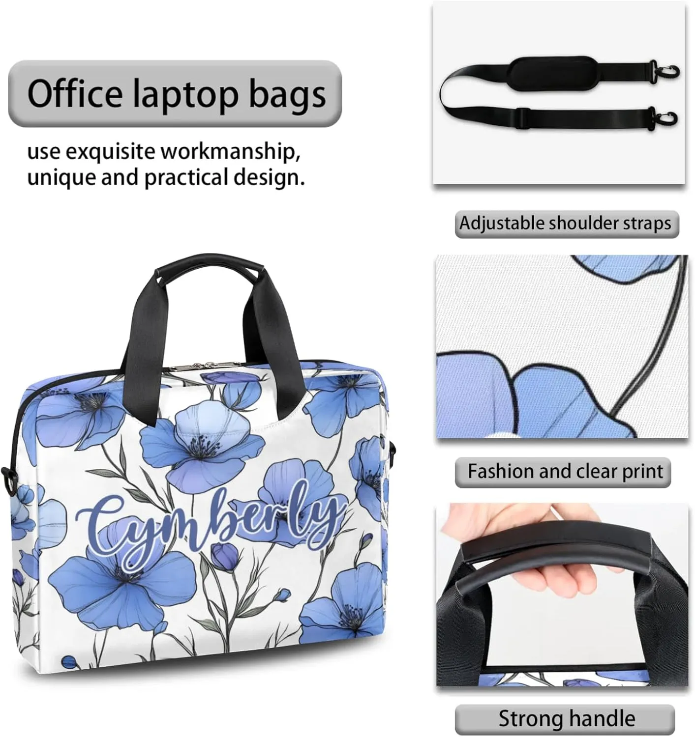 Personalized Name Flower Laptop Bag for Women, Custom Computer Bag Messenger Bags for Work Business, 16 Inch