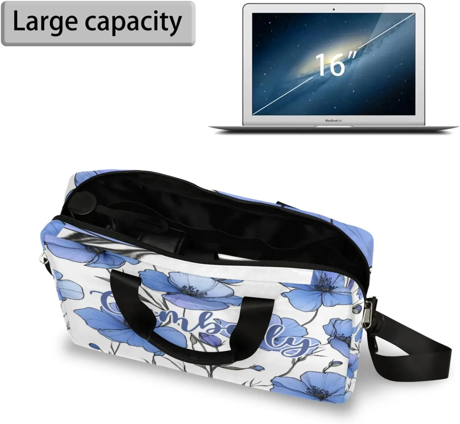 Personalized Name Flower Laptop Bag for Women, Custom Computer Bag Messenger Bags for Work Business, 16 Inch