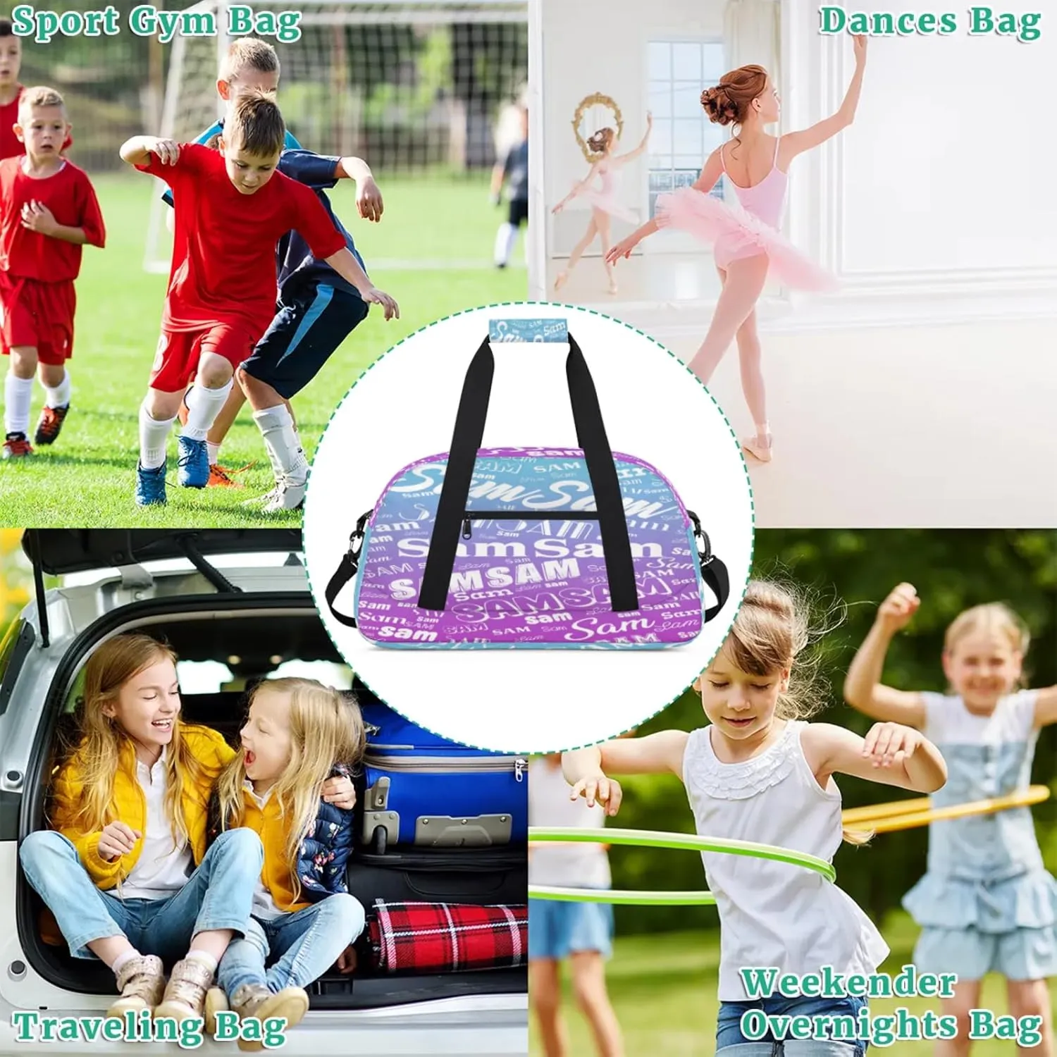Personalized Name Gym Duffel Bag, Custom Sport Duffle Bags, Custom Overnight Weekender Bag Travel Bag for Dance Cheer Gymnastics Swimming, Blue Purple Gradient
